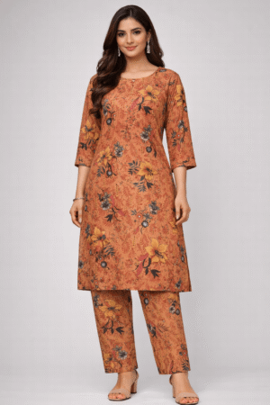 2 Piece Elegant Floral Lawn Bana Dora Dress – Warm Orange Tone